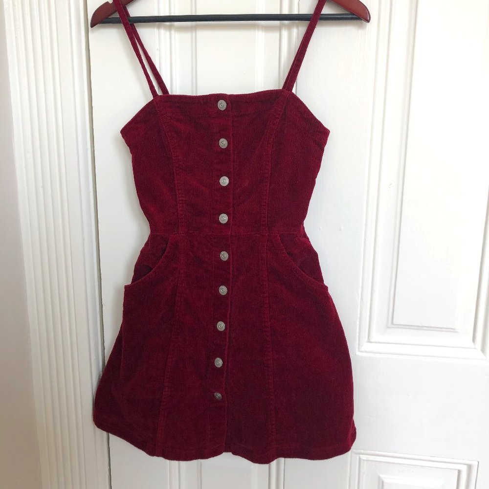Wine Red Corduroy Button-up Overall Dress